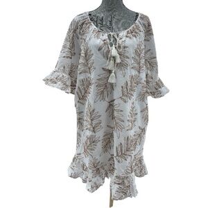 Tribal NWT Boho Tassel White Dress with Embroidered Tan and Silver Leaves
